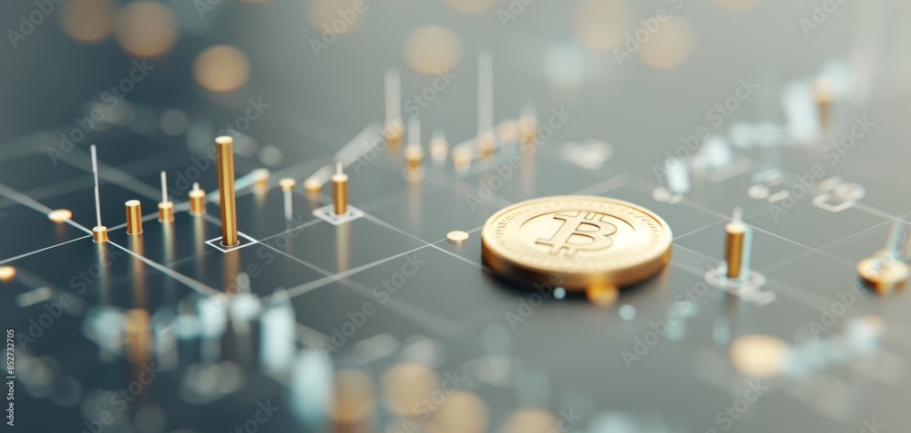 Leinwandbilder this 3d icon features a gold coin and candlestick chart on a blue background, depicted in a cartoon 