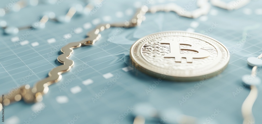 Poster Isolated on a blue background, this 3D rendering of a gold coin with a dollar sign and a stock market graph icon is designed in a cartoon minimalism style for a playful visual.
