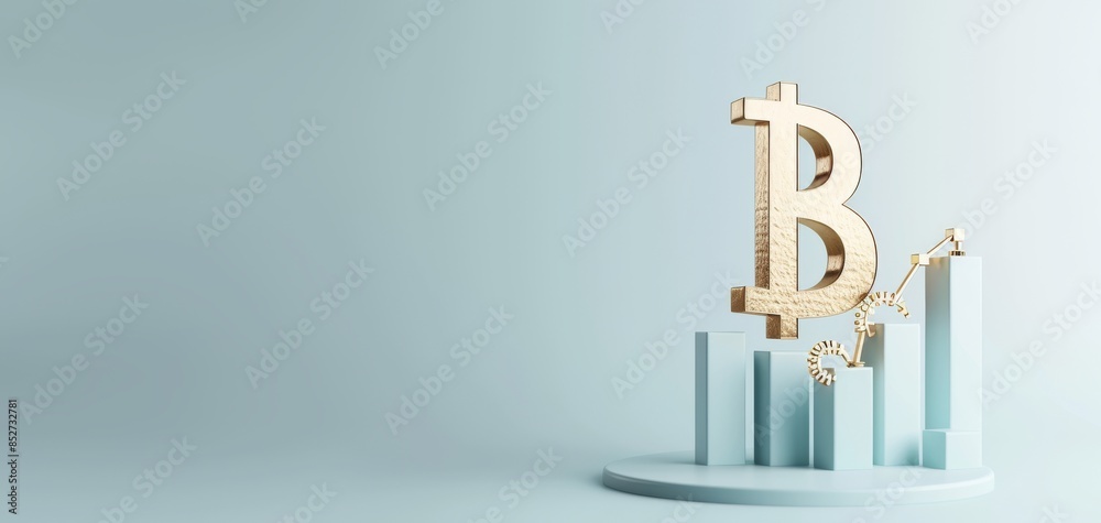 Poster isolated on a blue background, this photorealistic 3d rendering depicts a gold coin with a dollar si