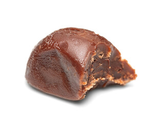 Chocolate candy. Bitten chocolate candy on a white