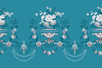 Baroque seamless border with vase and bouquet of roses in duocolors