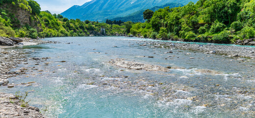 A view over the agitated waters of the Vjosa River at Kelcyre, Albania in summertime