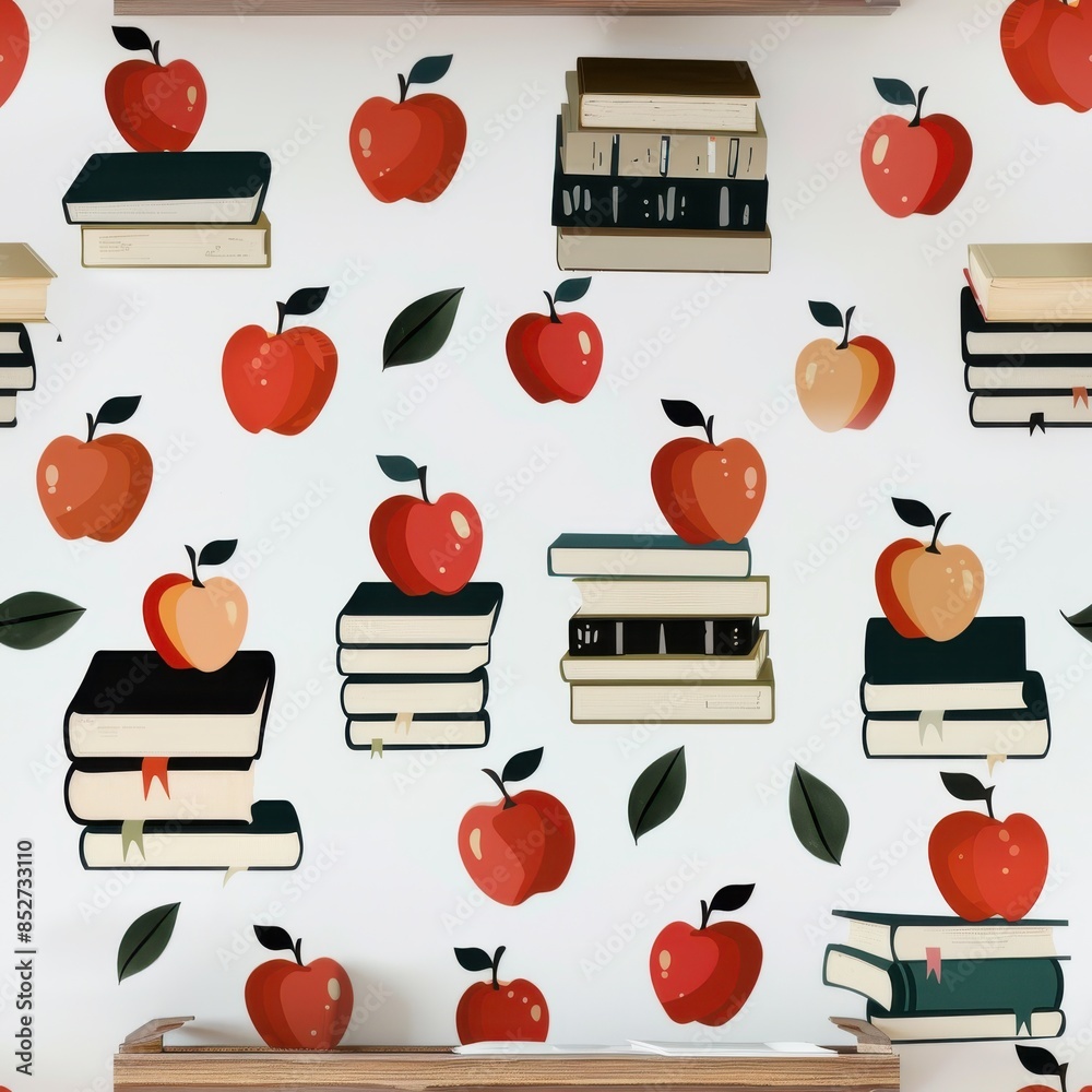 Poster This image shows a white wall with a decorative pattern of red apples and stacks of books. The apples are scattered throughout the wall, while the books are stacked in groups of three to five. The des