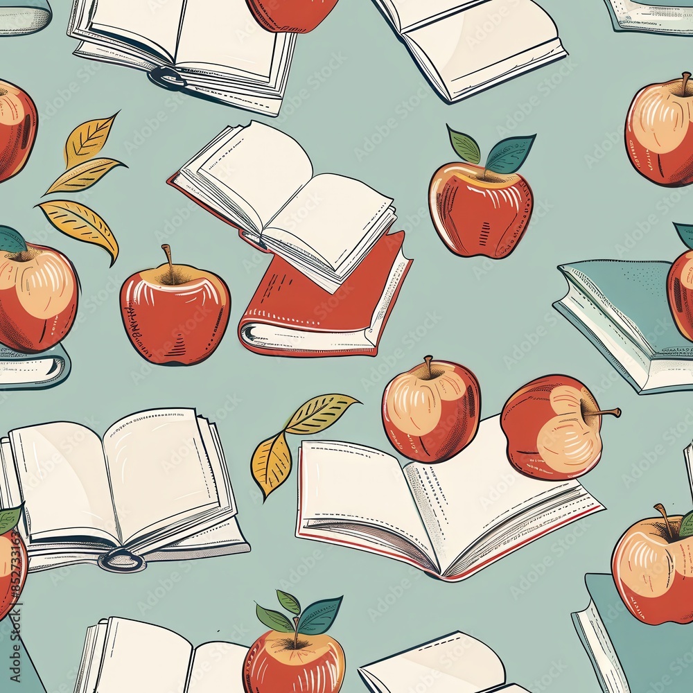 Aufkleber this is a seamless pattern illustration featuring red apples and open books on a blue-green backgrou
