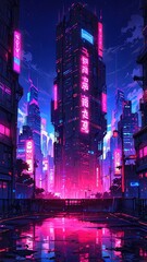 Fototapeta premium Cyberpunk city, neon punk, futuristic, tall buildings Anime style flat illustration, lo-fi background