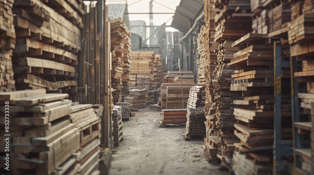 Poster a large pile of wood is stacked in a warehouse. the wood is piled high and is in various sizes