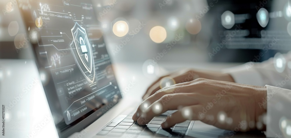 Aufkleber A businessman using a laptop computer, with digital data and a security shield icon displayed on a virtual screen, focuses on typing on the keyboard, representing an online technology working concept.