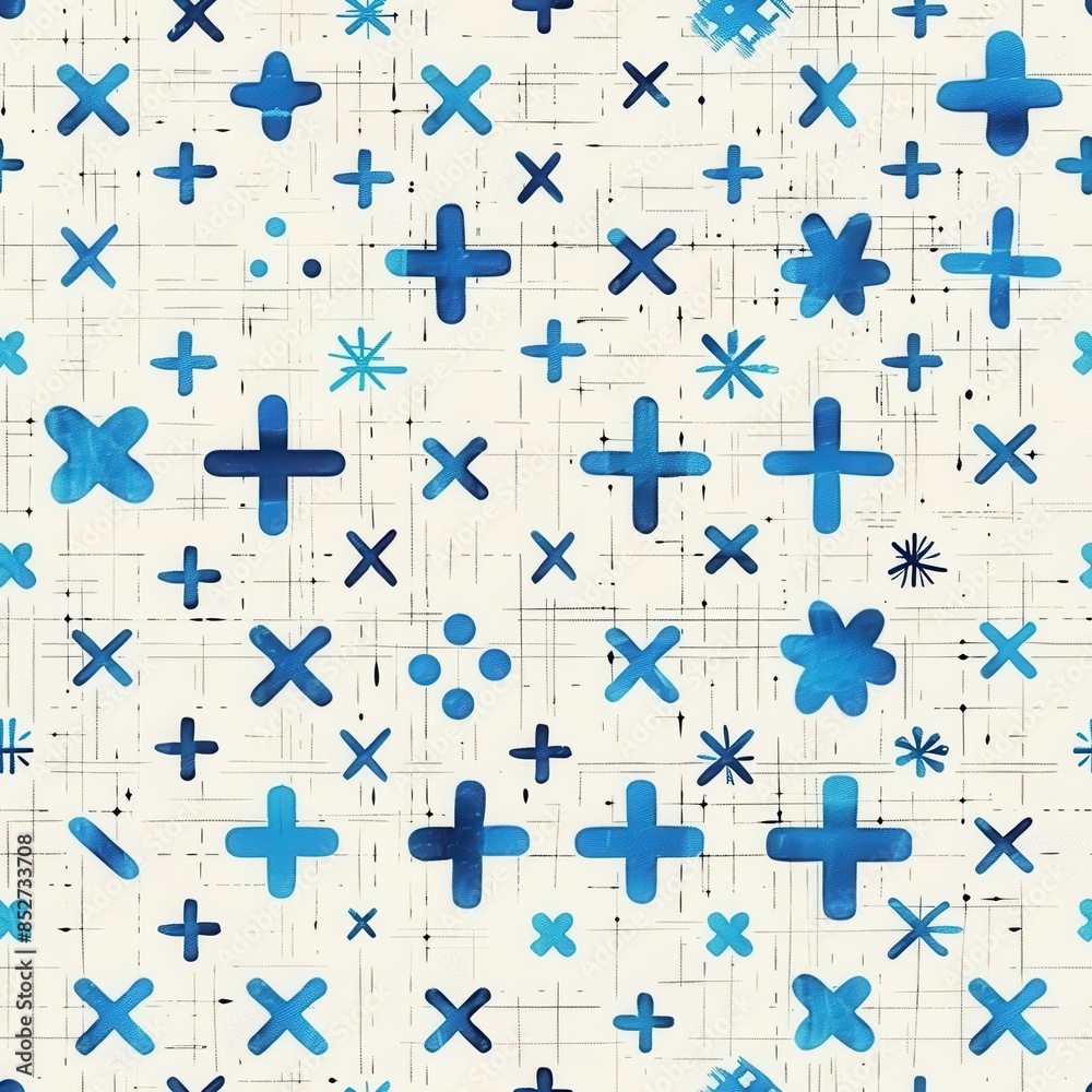 Aufkleber A seamless pattern featuring a white background with a grid overlay. The pattern is filled with various blue watercolor shapes including plus signs, x marks, and small flowers. The pattern is suitable