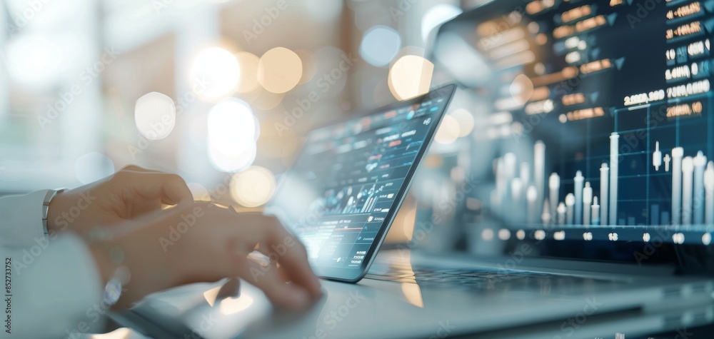 Fototapete business people team up to analyze financial data using laptops and tablets, with stock market graph