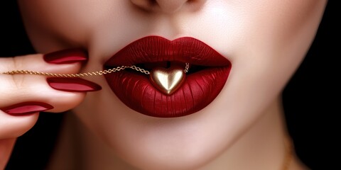 Close-Up of Red Lips Holding a Gold Heart Pendant with Matching Nails
