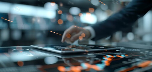 This image shows a team of business people using laptops and tablets to analyze financial data, featuring stock market graphs on a virtual screen and a digital interface background.