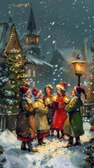 A group of children, dressed in warm winter clothes and hats, sing Christmas carols in the snow-covered town square. They stand around a lit street lamp, with a decorated Christmas tree and a church s