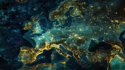 Fototapeta premium A nighttime satellite image of Europe, showcasing the sprawling city lights and a network of interconnected lines representing communication and transportation routes. The image highlights the densely