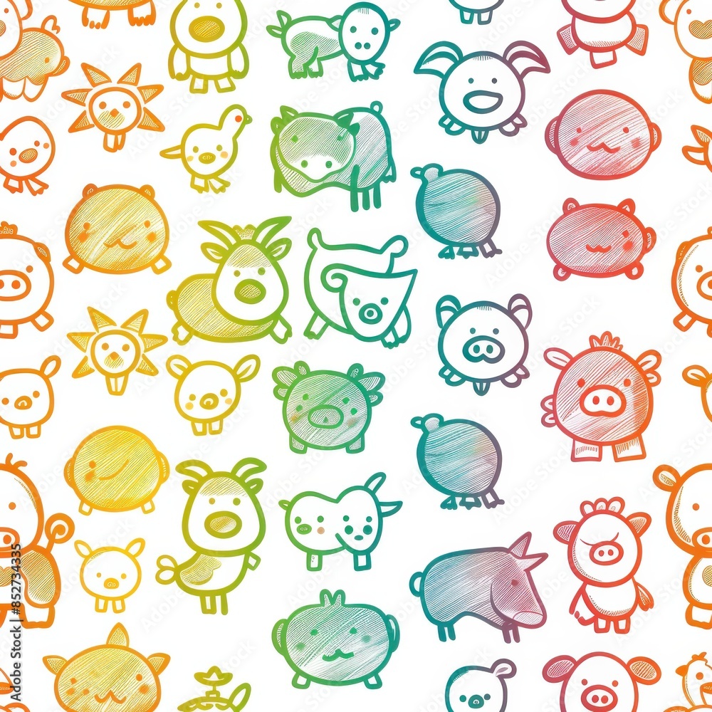 Aufkleber a repeating pattern of various colorful animals drawn in a hand-drawn style. the animals are outline