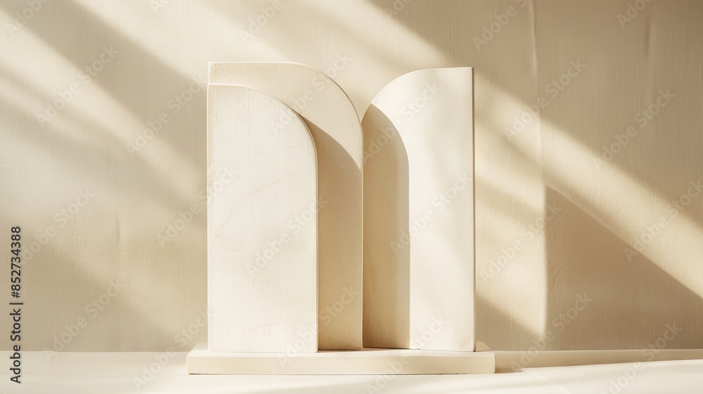 Aufkleber This scene features a modern sculpture on a table, showcasing minimalistic abstract shapes and lines, with window shadows and soft light on a beige background.