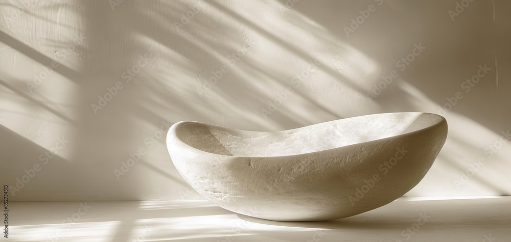 Poster A sculpture of two shapes made from light stone sits on a table, with window shadows cast on the wall, creating a minimalistic background in sepia tones and neutral colors.
