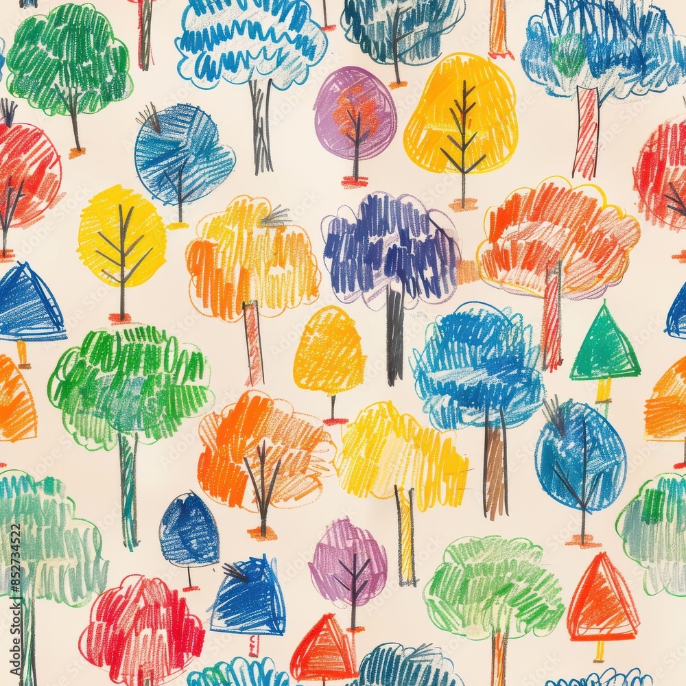 Poster This image features a hand-drawn pattern of trees on white paper. The trees are drawn in a childlike style with various colors, including blue, green, red, yellow, and purple. The pattern is repeated 