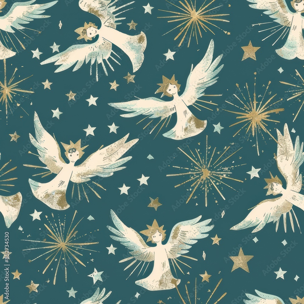 Poster a seamless pattern with angels and stars on a teal background. the angels are depicted in white with