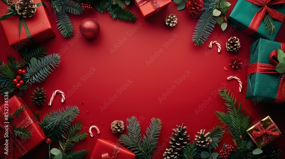 Poster This image shows a flat lay of Christmas presents wrapped in red and green paper, adorned with red ribbons and pine branches. The presents are arranged around a red background, creating a festive and 