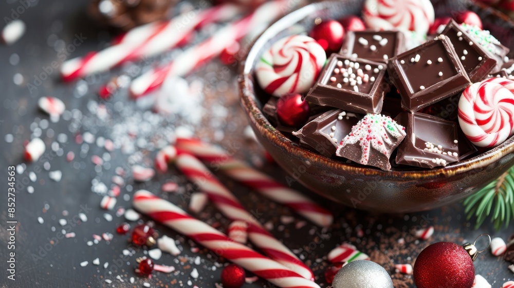 Poster a close-up image of a bowl filled with dark chocolate squares and peppermint candies. there are also