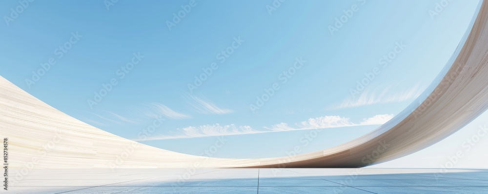 Leinwandbilder A 3D render of an abstract background with empty space and a blue sky, highlighted by futuristic round architecture and curved lines, creating a sleek and minimal scene.