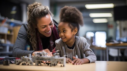 Fototapeta premium Photograph of a female engineer mentoring a young girl interested in engineering, sharing her passion and knowledge with a contagious smile that inspires the next generation.