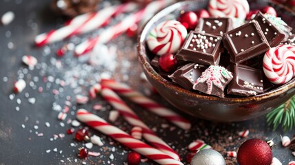 A close-up image of a bowl filled with dark chocolate squares and peppermint candies. There are also candy canes scattered around the bowl, along with red and white sprinkles. The background is a dark