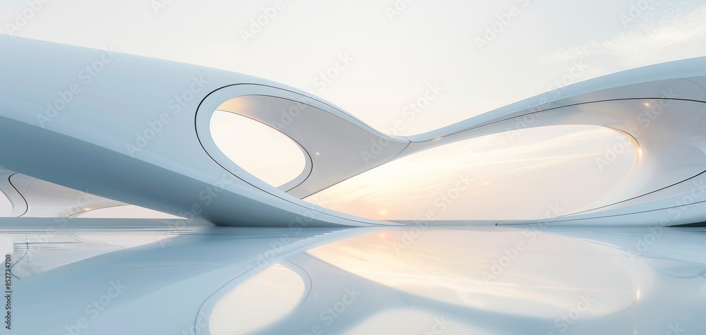 Poster This 3D render showcases an abstract futuristic background with a blue sky, white round architecture, and a reflective water floor, emphasizing a minimal scene.