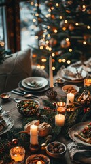 A close-up shot of a beautifully decorated holiday dinner table. The table is set with plates, silverware, and glasses, and is adorned with a centerpiece of candles, greenery, and small bowls of nuts 