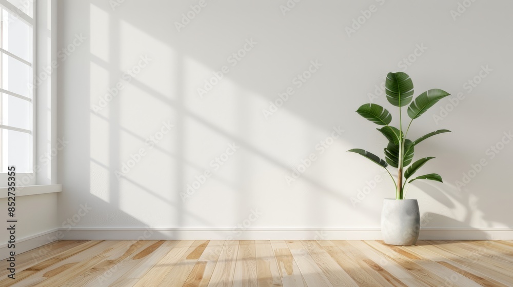 Poster a minimalist home design concept for mockups, featuring an empty white wall background in a living r