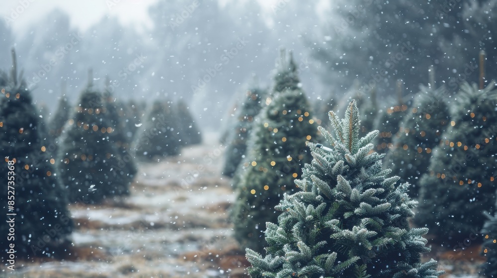 Aufkleber A snow-covered Christmas tree farm with rows of evergreen trees. The trees are adorned with twinkling lights, creating a festive atmosphere. The soft snowfall adds a magical touch to the scene, making