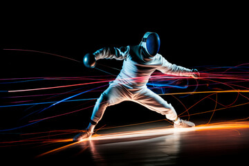 Stock minimalist photography of a fencer in full gear fighting in an arena under bright sports lighting