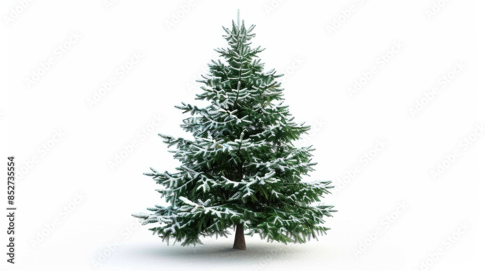 Aufkleber This image showcases a single evergreen tree with a light dusting of snow on its branches. The tree is isolated on a white background, making it an ideal image for graphic design projects or holiday-t