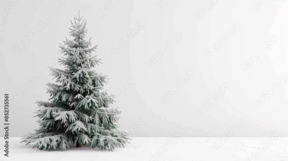 Poster A single evergreen tree, dusted with snow, stands against a white wall. The tree is in focus, while the background is blurred, creating a simple and elegant winter scene.