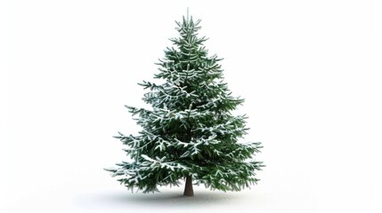 This image showcases a single evergreen tree with a light dusting of snow on its branches. The tree is isolated on a white background, making it an ideal image for graphic design projects or holiday-t