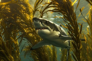A serene underwater view of a Great White Shark cruising through a kelp forest. The interplay of...