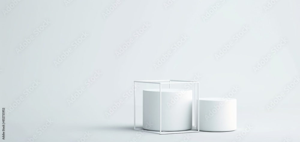 Poster minimal background with two round cylinder pedestal podiums is rendered in 3D, set against a grey wall scene with geometric texture pattern, perfect for product display presentation design mockups.