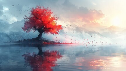 watercolor, bold lines, colorful, majestic tree in a lake, birds of light, sunset, waves, storm scenery