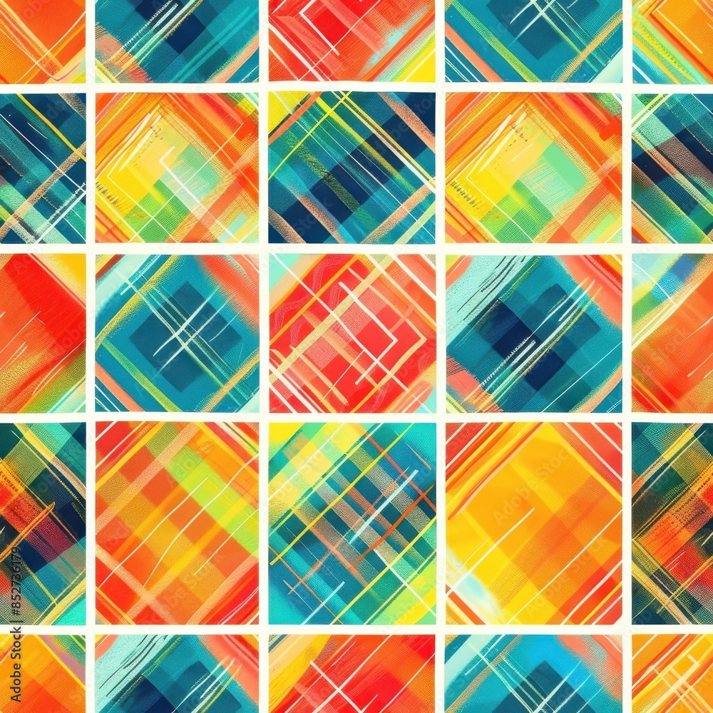 Aufkleber This digital image features an abstract pattern composed of various colored squares. Each square contains a diagonal plaid design with thin lines in shades of red, orange, yellow, blue, and green. The