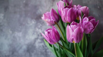 Obraz premium Bunch of purple tulips against a grey backdrop