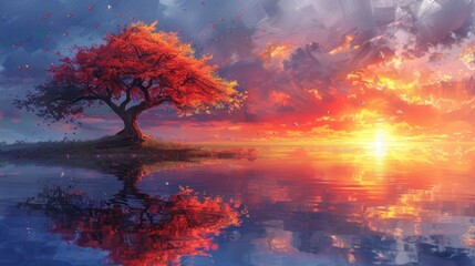 watercolor, bold lines, colorful, majestic tree in a lake, birds of light, sunset, waves, storm scenery