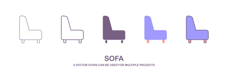 Sofa icon set illustration. sofa sign and symbol. furniture icon. Front view Chair icon set in thin line style