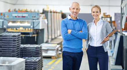 Business people, man and woman in portrait at warehouse, confident or pride for startup project. Collaboration, creative career or designers in factory for printing material or distribution industry