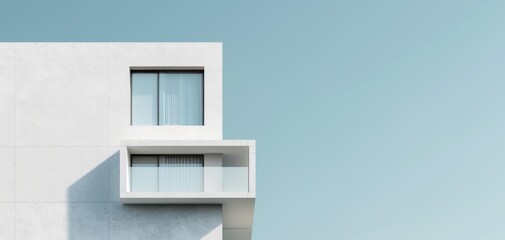 Minimalist architectural photography featuring a white building with lines, set against a light blue sky background, ideal for use as an architectural design poster.