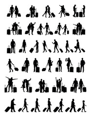 Group of travellers with luggage different poses silhouette set collection. Couple going on vacation trip silhouettes.