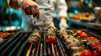 Gourmet Grilling: A gourmet grill setup, with Shashlik, skewered vegetables, and a chef carefully preparing food.