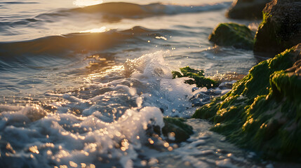 Obraz premium Gentle waves lapping at a moss-covered rock formation during a peaceful sunset.