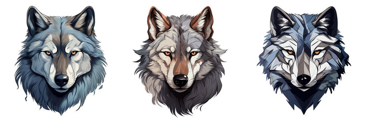Naklejka premium set clipart grey wolf head portrait watercolor illustration on transparent background