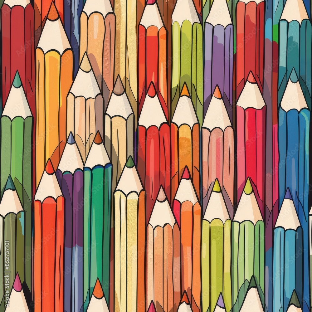 Aufkleber This is a digital illustration of a seamless pattern featuring colorful pencils arranged in a repeating pattern. The pencils are drawn in a cartoon style and are arranged vertically, with their points