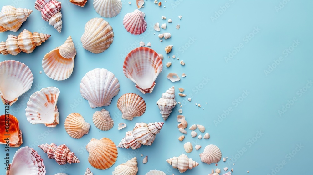 Poster A flat lay image featuring a collection of seashells of various sizes and shapes, arranged on a light blue background. The shells are mostly white and pink, with some featuring intricate patterns. The
